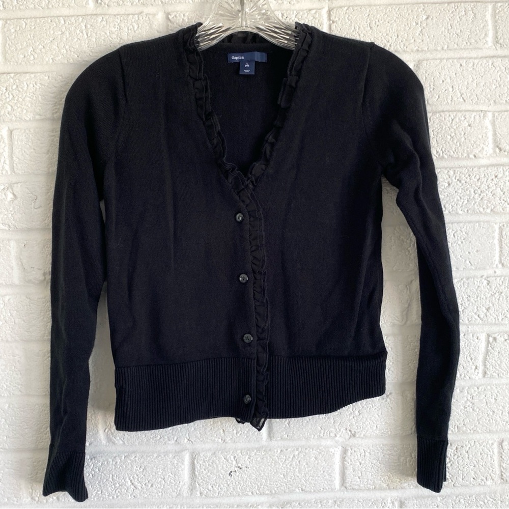 GAP KIDS Black Knit Cardigan Button Down Ruffle Neck Cotton Size 10 Large